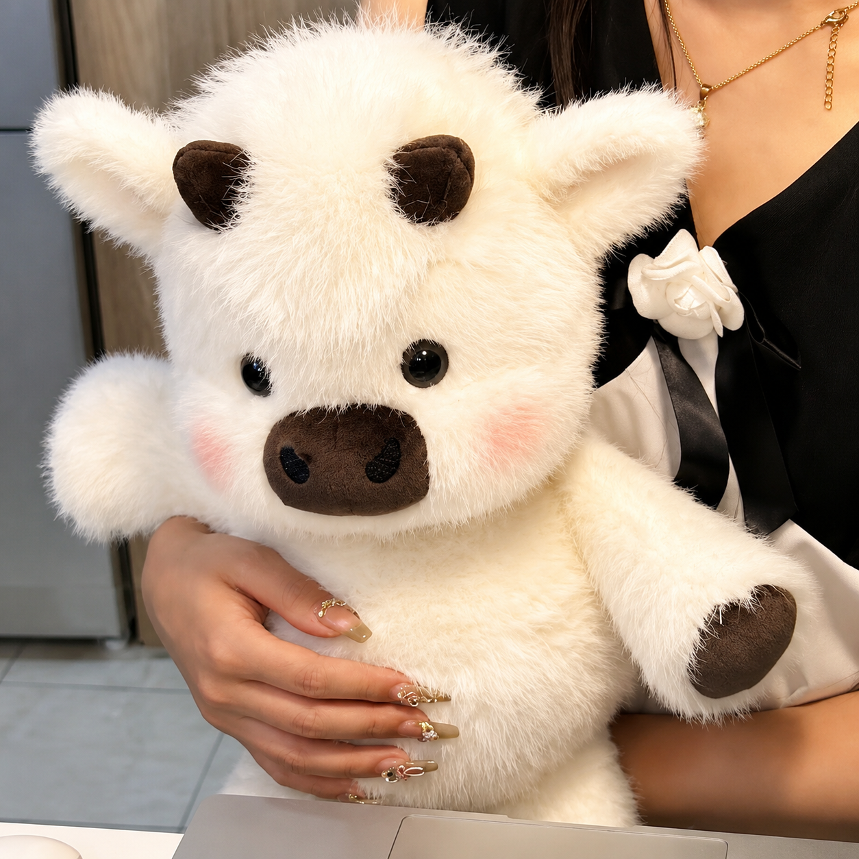 Fluffy White Cow Plush Pillow Toy
